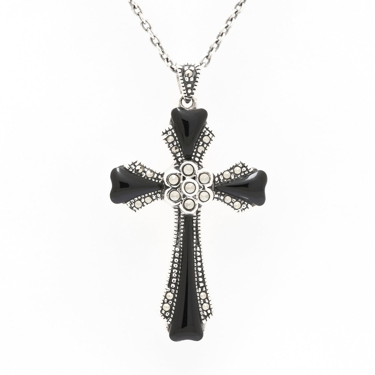 Aurelia: Cross Pendant in Onyx, Marcasite, and Sterling Silver