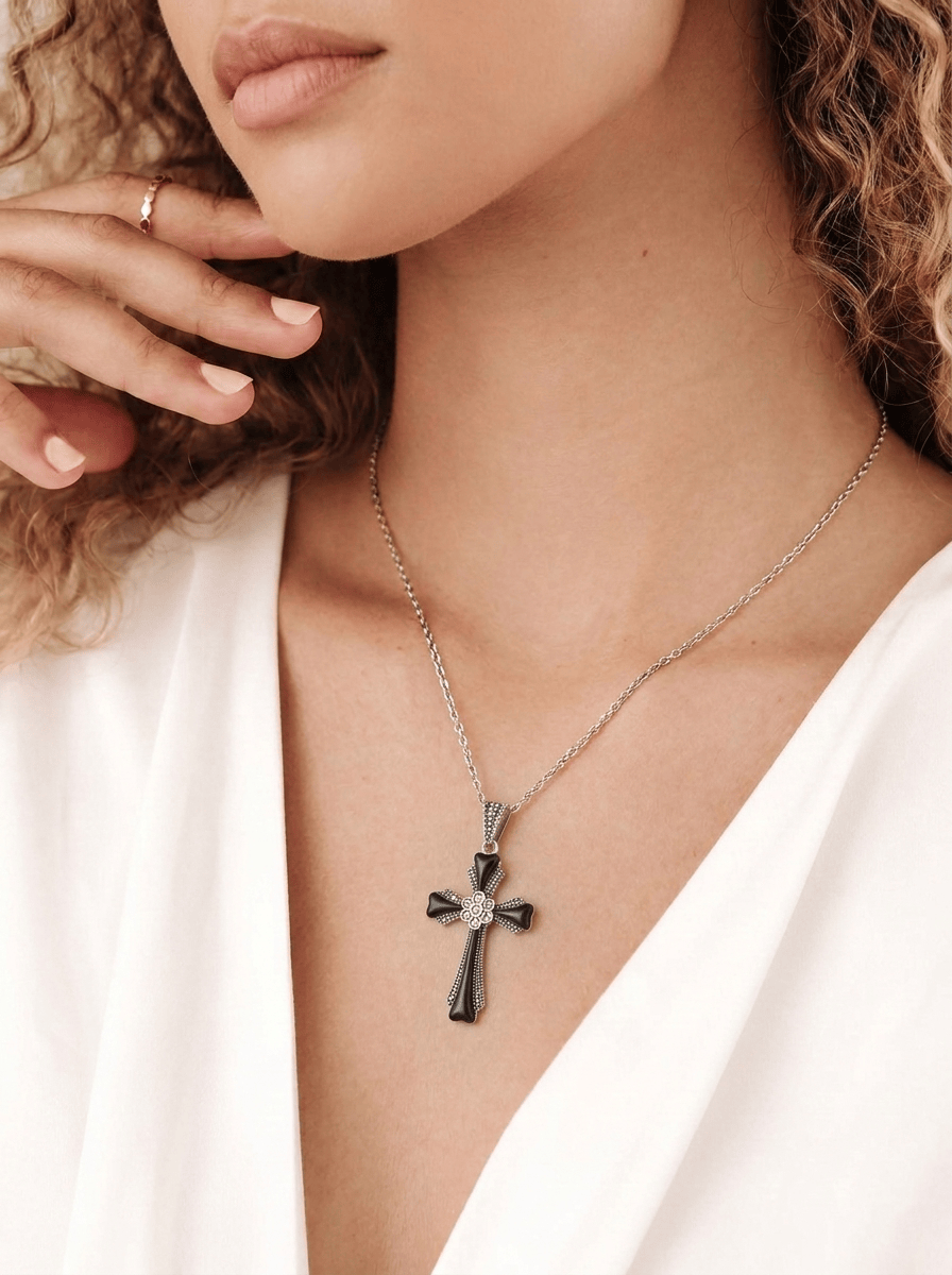 Aurelia: Cross Pendant in Onyx, Marcasite, and Sterling Silver