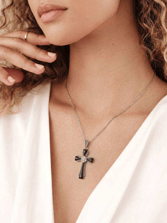 Aurelia: Cross Pendant in Onyx, Marcasite, and Sterling Silver