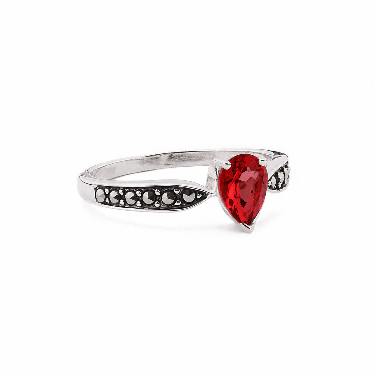 Emilia: Art Deco Pear Shaped Ring in Garnet, Marcasite and Sterling Silver