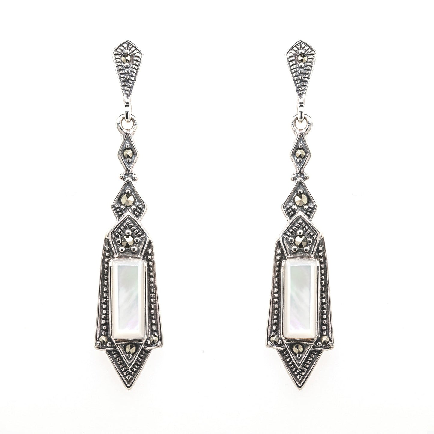 Felicity: Art Deco Style Earrings in Mother of Pearl, Marcasite and Sterling Silver