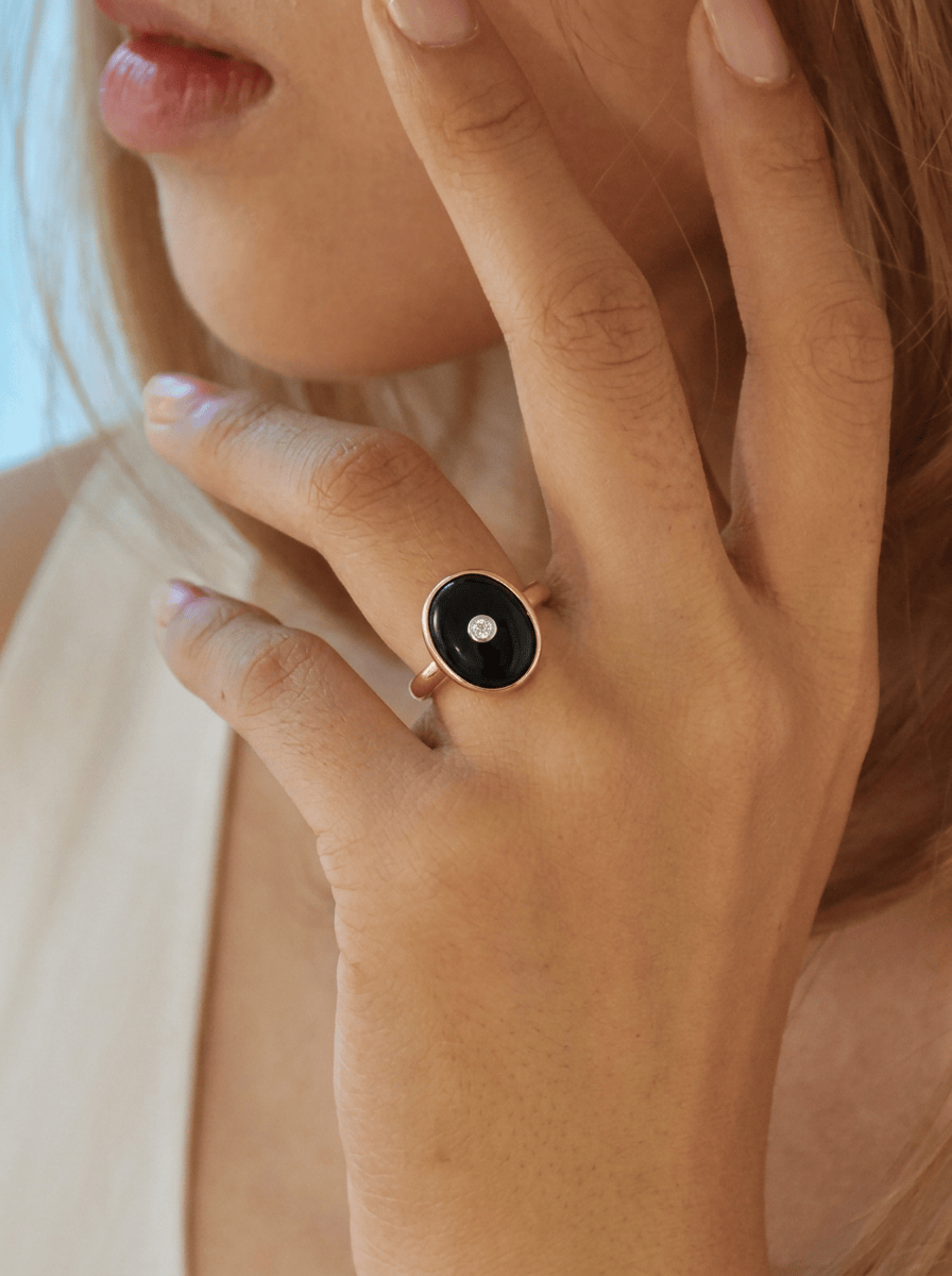 Grand Anna: Oval Art Deco Style Ring in 9ct Rose Gold, Onyx and Diamond
