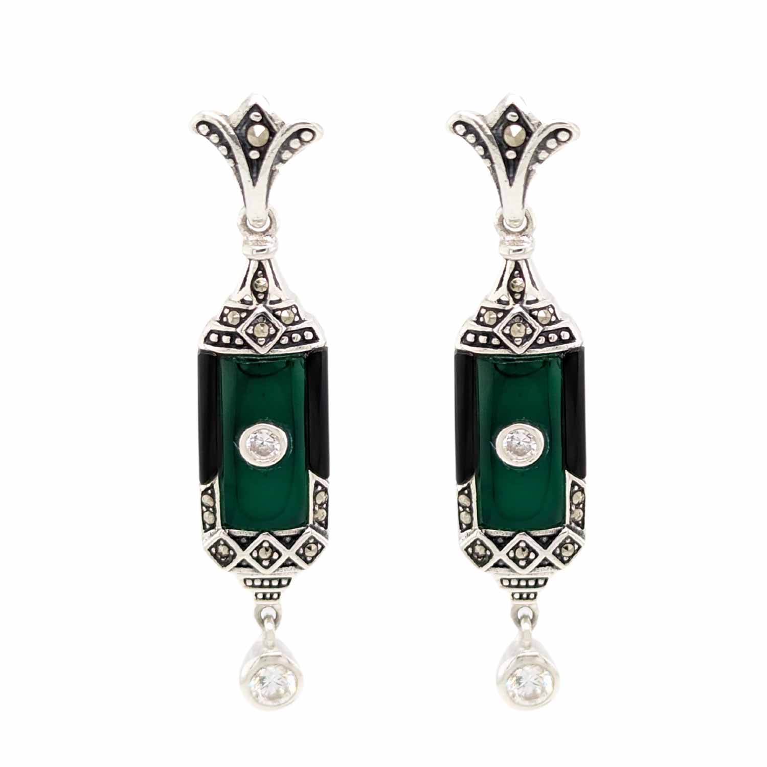 Irene Art Deco Style Earrings In Green Agate Onyx Marcasite Cubic irene-art-deco-style-earrings-in-green-agate-onyx-marcasite-cubic