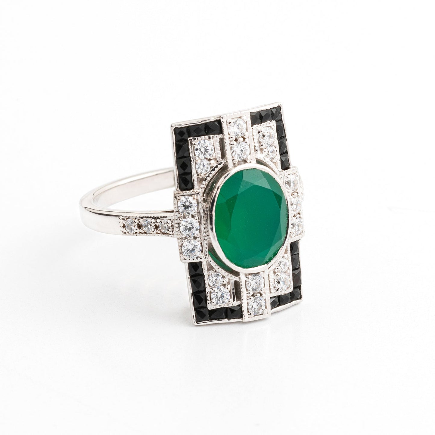 Mallory: Art Deco Style Ring in Green Agate, Onyx, Cubic Zirconia and Sterling Silver