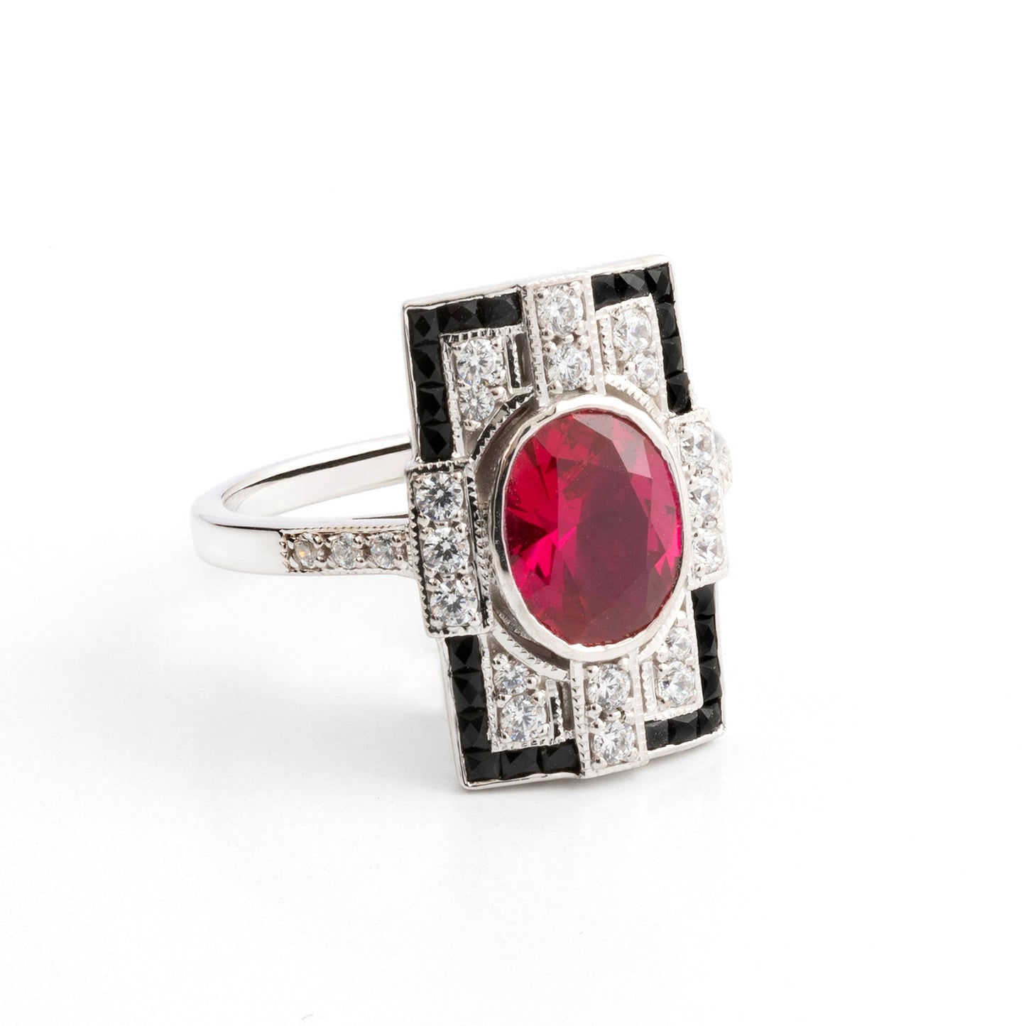 Mallory: Art Deco Style Ring in Synthetic Ruby, Onyx, Cubic Zirconia and Sterling Silver