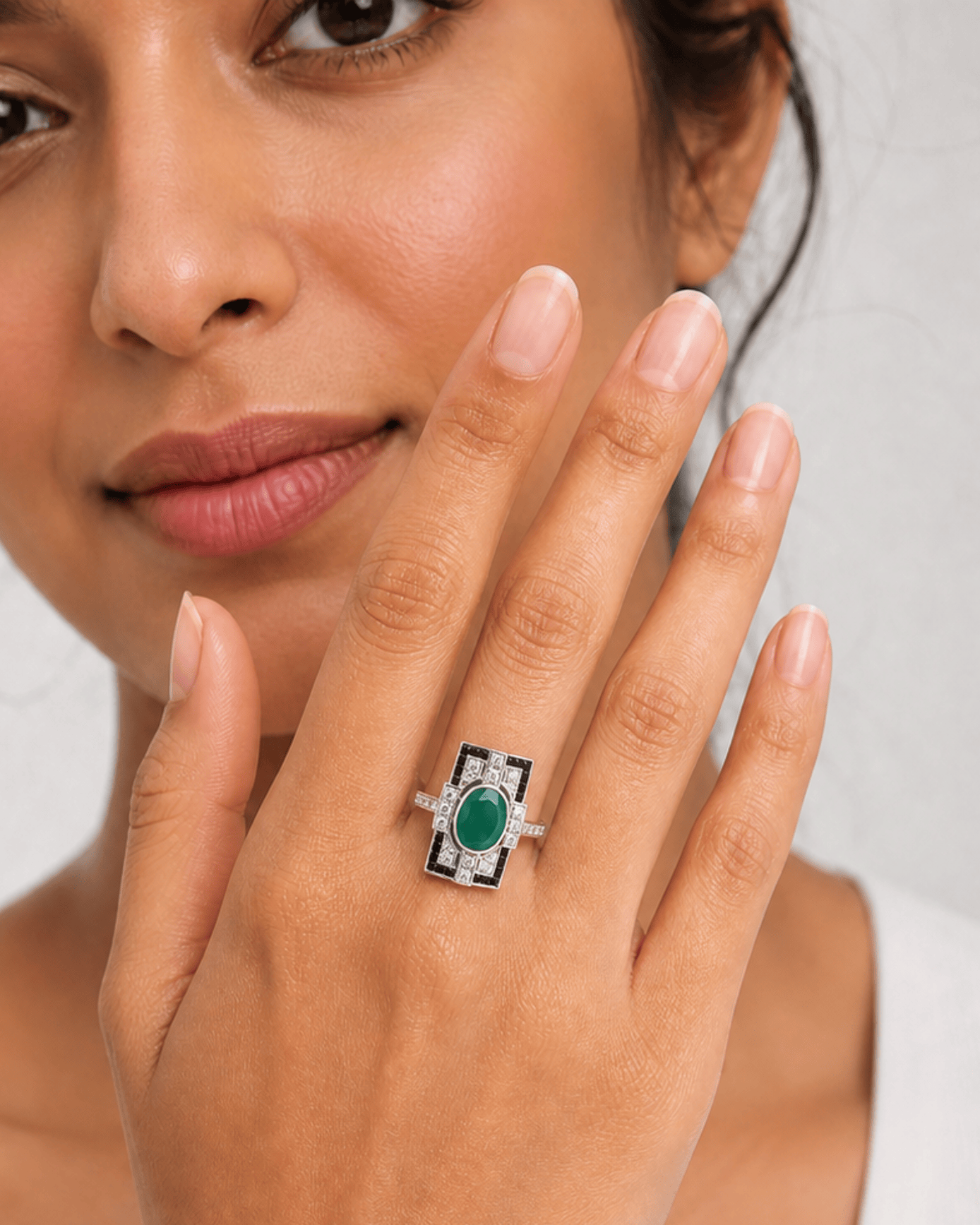 Mallory: Art Deco Style Ring in Green Agate, Onyx, Cubic Zirconia and Sterling Silver
