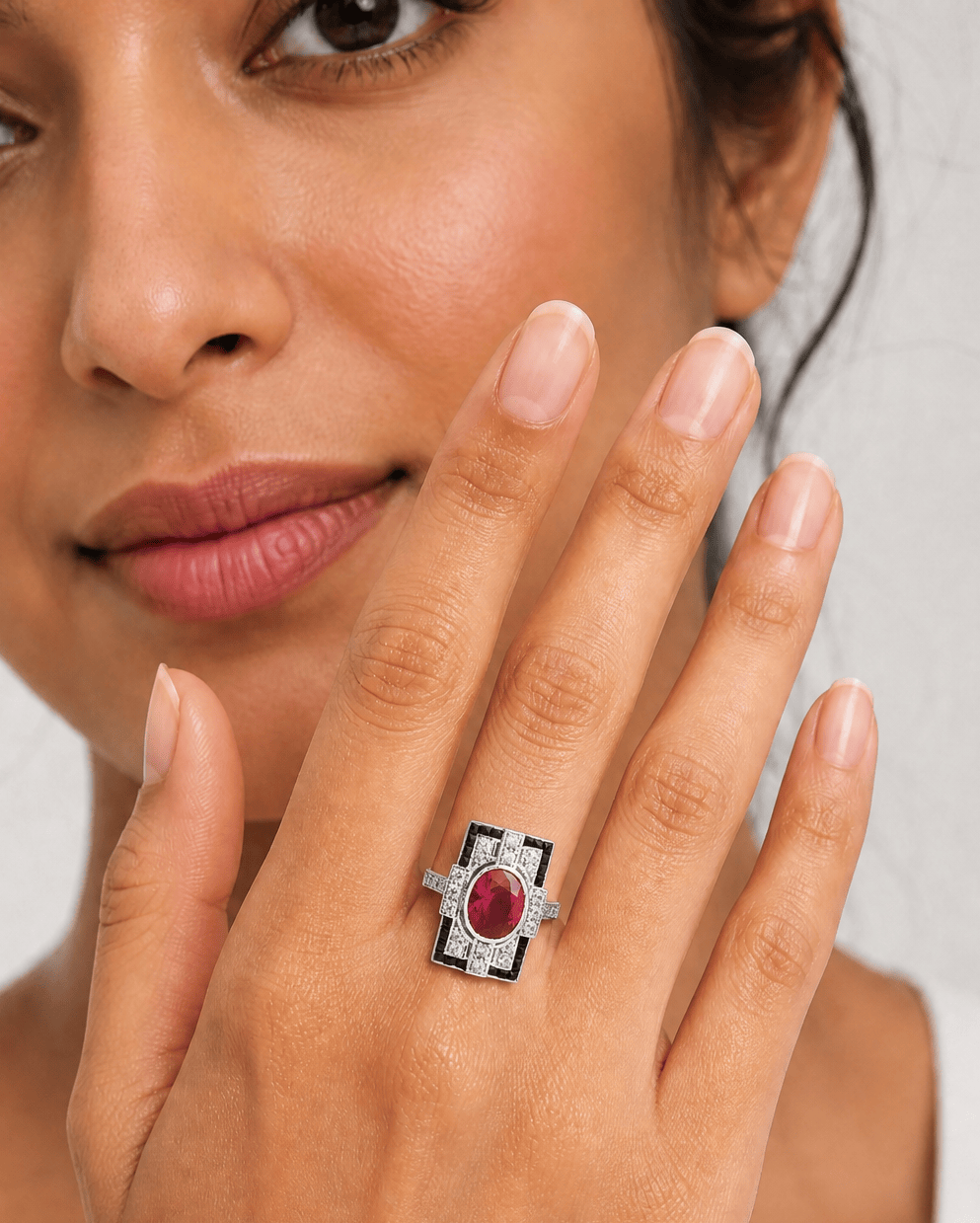 Mallory: Art Deco Style Ring in Synthetic Ruby, Onyx, Cubic Zirconia and Sterling Silver