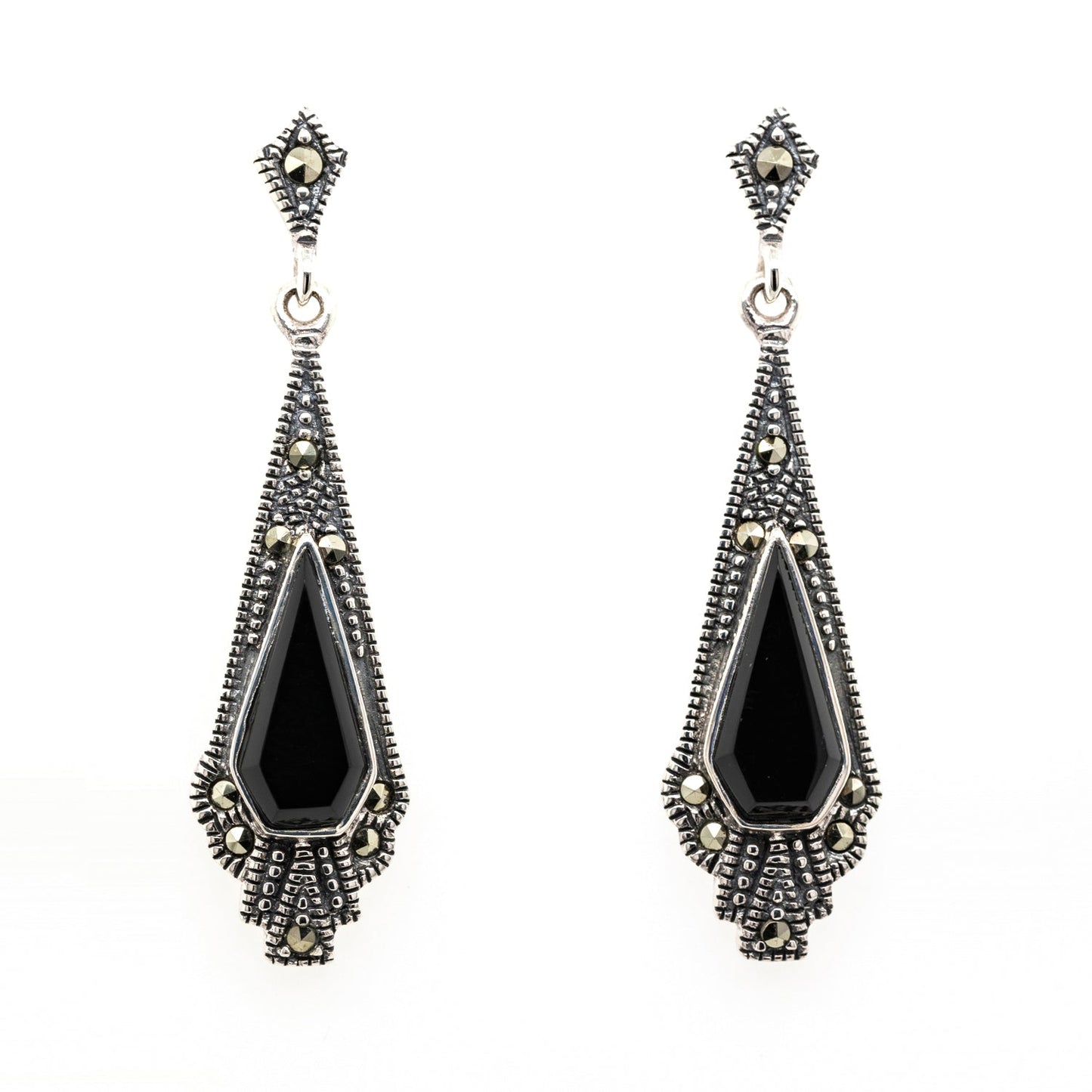 Ramona: Art Deco Style Earrings in Marcasite, Onyx and Sterling Silver
