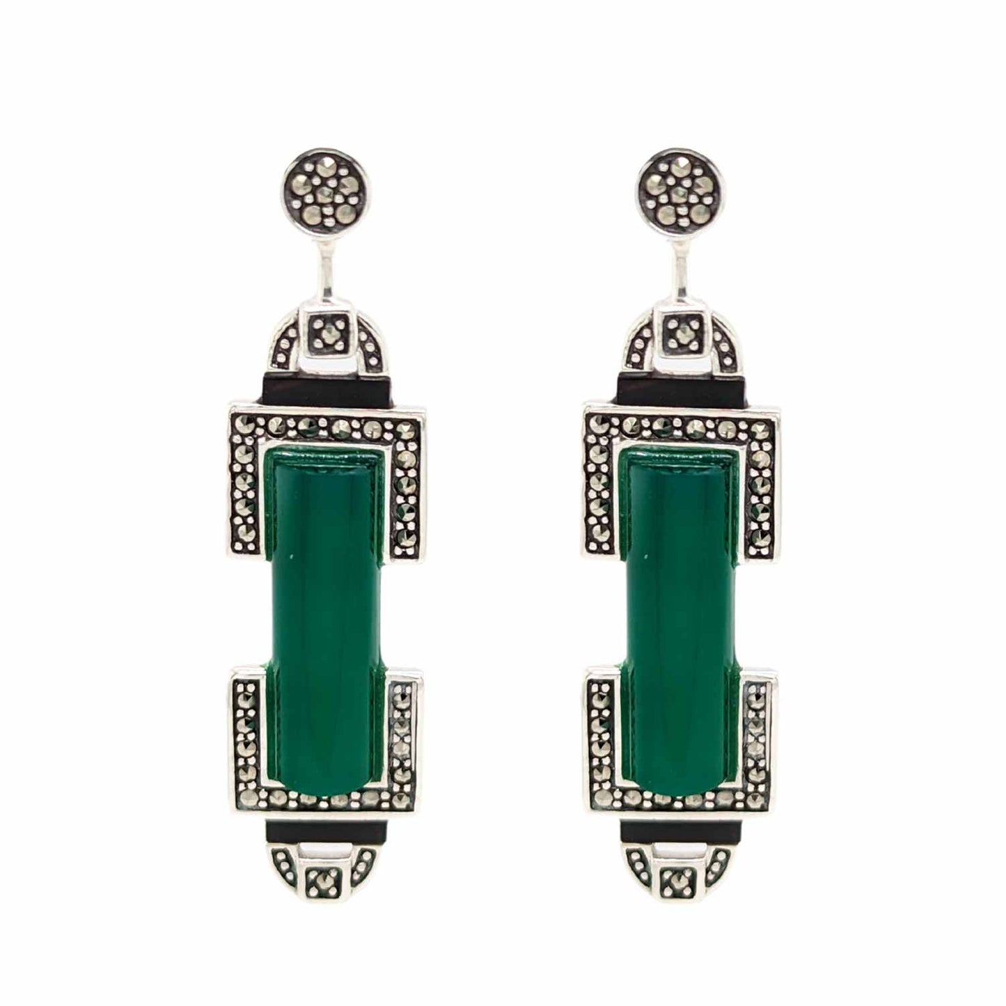 Simone: Art Deco Style Earrings in Green Agate, Marcasite, Black Onyx and Sterling Silver
