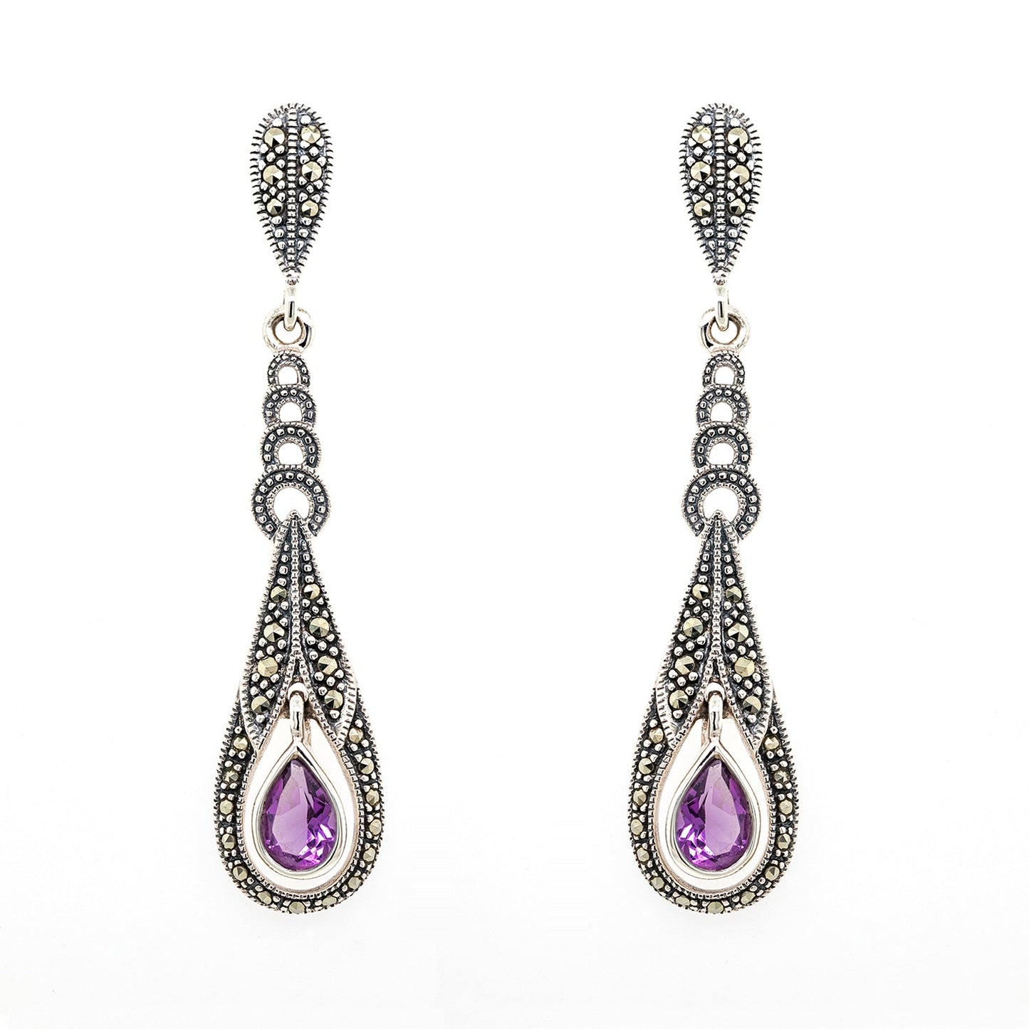 Sylvie: Art Deco Style Earrings in Amethyst, Marcasite and Sterling Silver