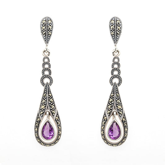 Sylvie: Art Deco Style Earrings in Amethyst, Marcasite and Sterling Silver