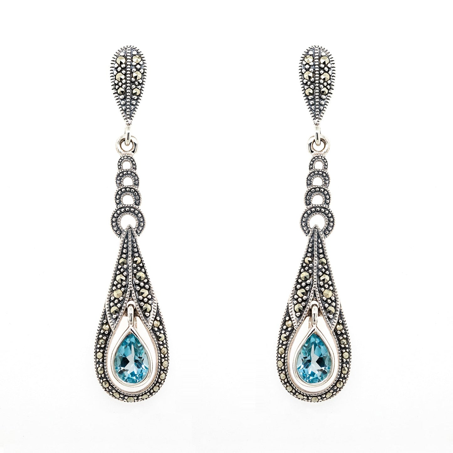 Sylvie: Art Deco Style Earrings in Blue Topaz, Marcasite and Sterling Silver