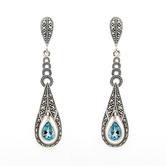 Sylvie: Art Deco Style Earrings in Blue Topaz, Marcasite and Sterling Silver