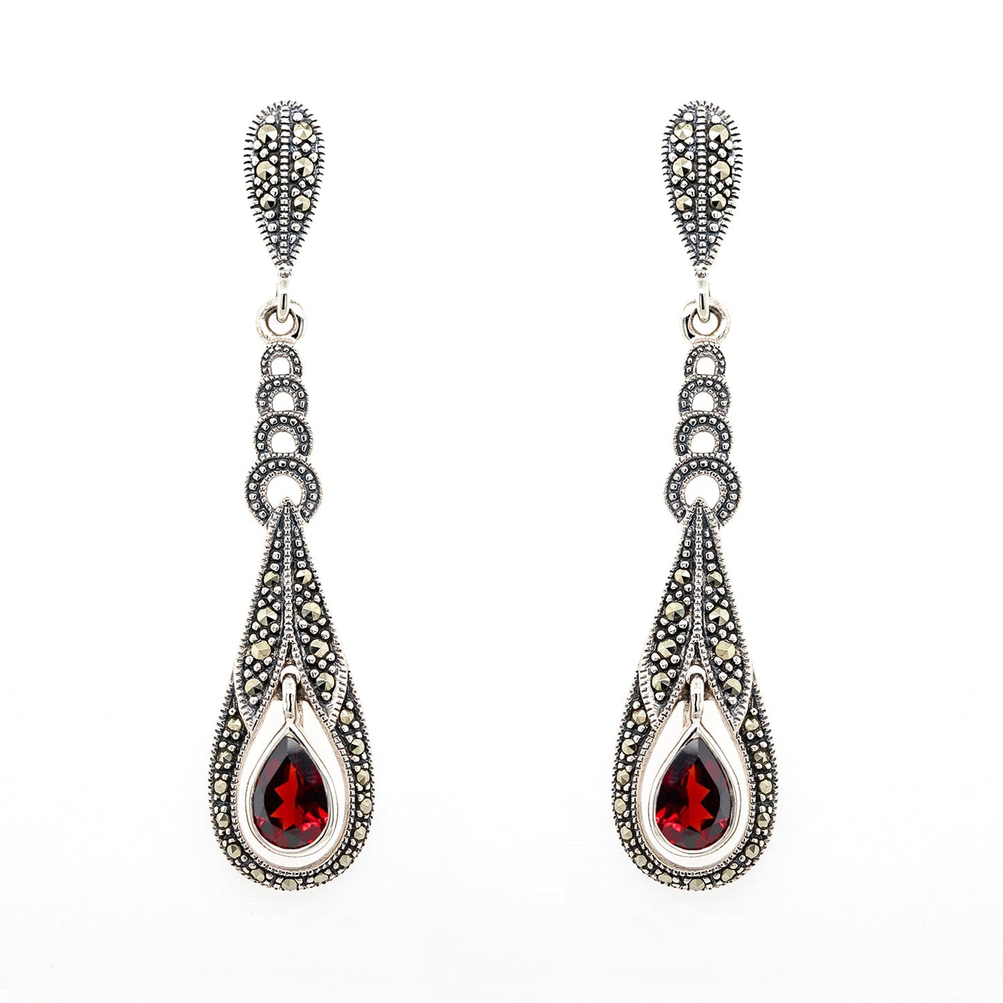 Sylvie: Art Deco Style Earrings in Garnet, Marcasite and Sterling Silver