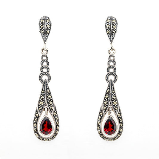 Sylvie: Art Deco Style Earrings in Garnet, Marcasite and Sterling Silver
