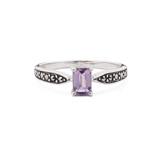 Art Deco Style Ring: Amethyst, Marcasite and Sterling Silver