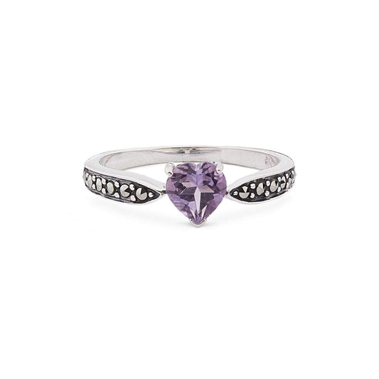 Art Deco Style Heart Ring: Amethyst, Marcasite and Sterling Silver