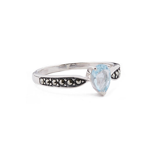 Art Deco Style Pear Shaped Ring: Sterling Silver, Marcasite, Blue Topaz