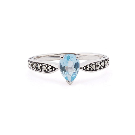 Art Deco Style Pear Shaped Ring: Sterling Silver, Marcasite, Blue Topaz