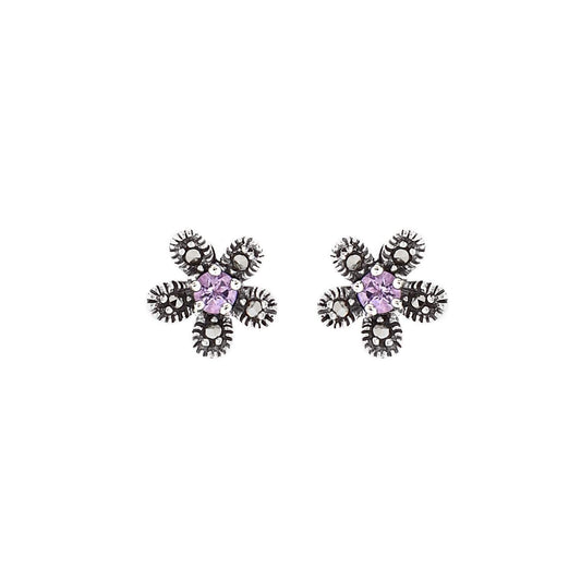 Hermia: Flower Stud Earrings in Amethyst, Marcasite and Sterling Silver