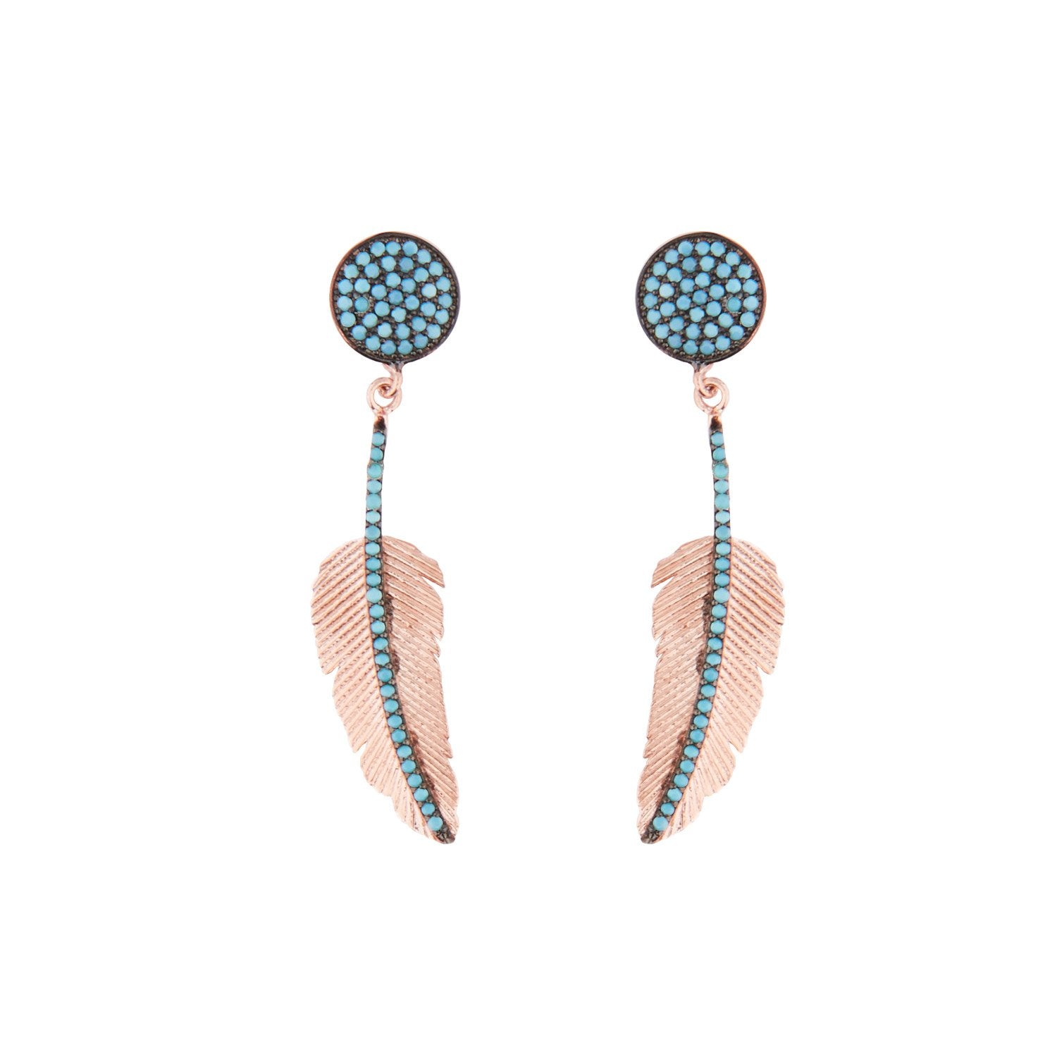 Feather Drop Earrings: Rose Gold and Turquoise