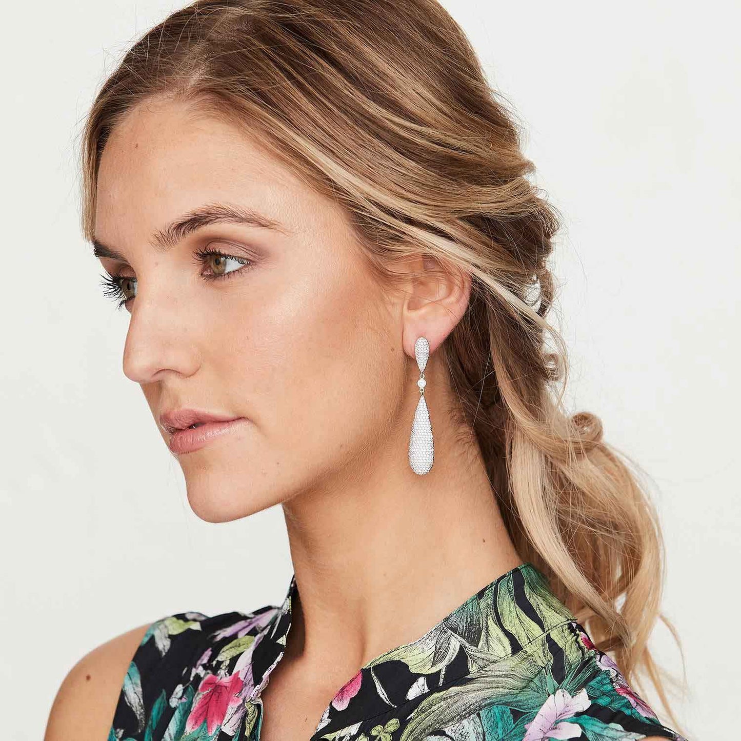 Alice: Teardrop Drop Earrings in Cubic Zirconia and Sterling Silver