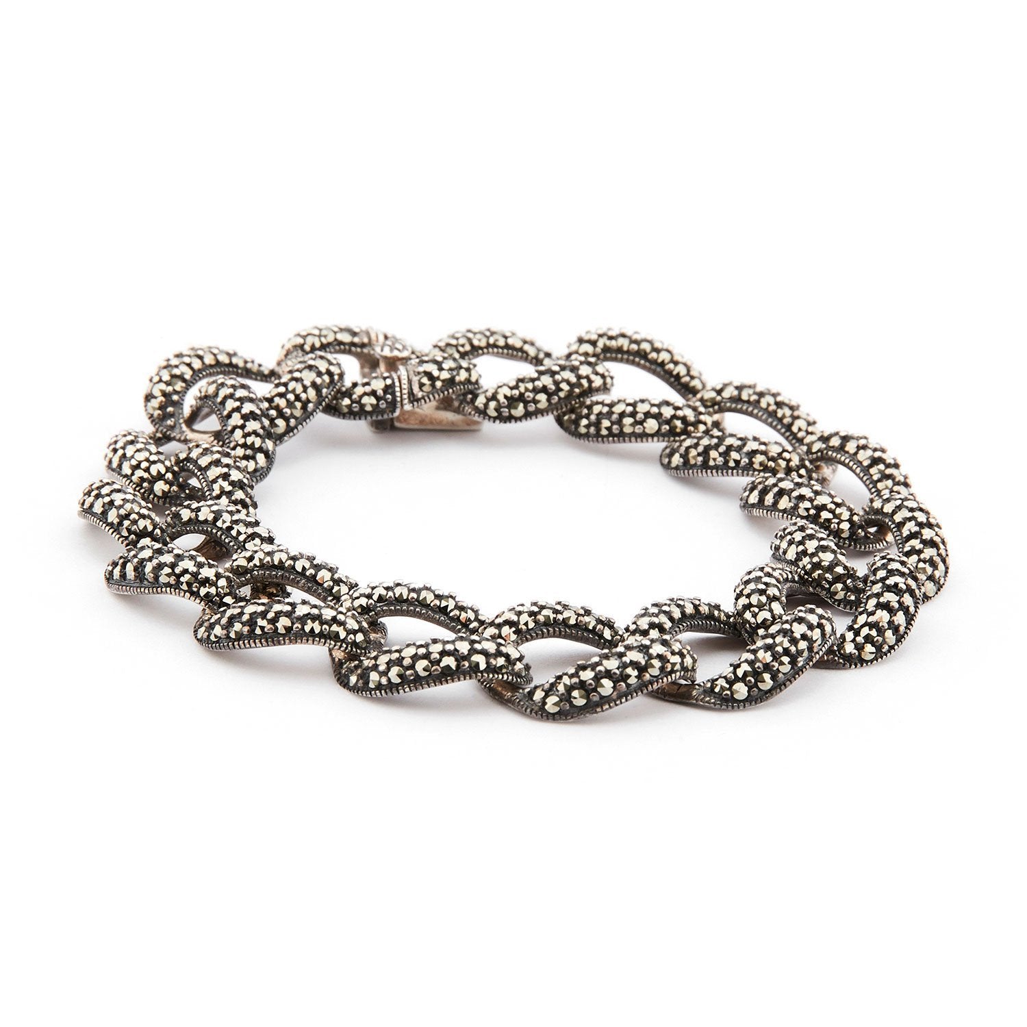 Wellington_&_North_Jewellery_Janis_Art_Deco_Marcasite_925_Sterling_Silver_Chunky_Chain_Bracelet_Side_Angle