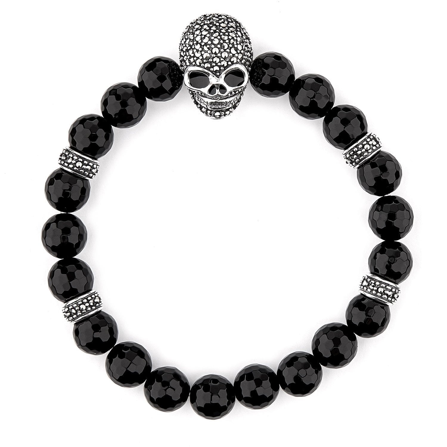 Gothic Skull Bracelet in Sterling Silver, Black Onyx and Marcasite