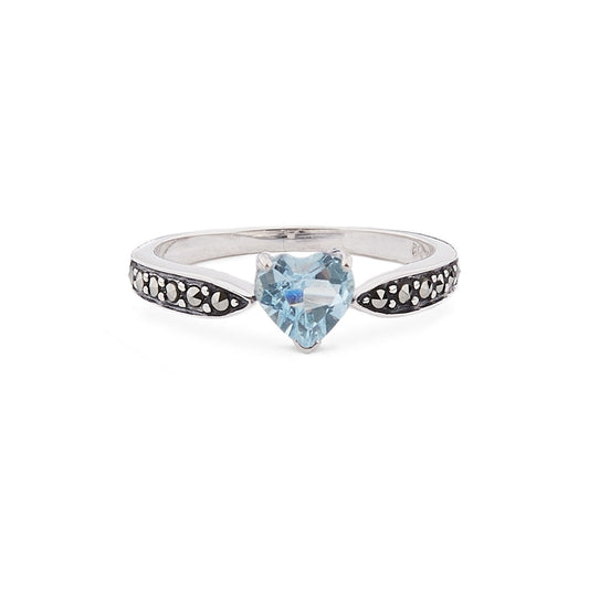 Art Deco Style Heart Ring: Sterling Silver, Marcasite, Blue Topaz