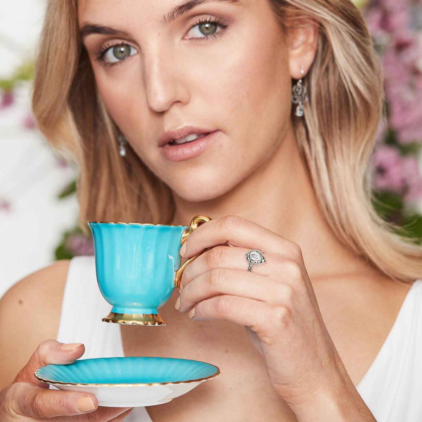 Bianca: Art Deco Pear Shaped Ring in Blue Topaz, Marcasite and Sterling Silver