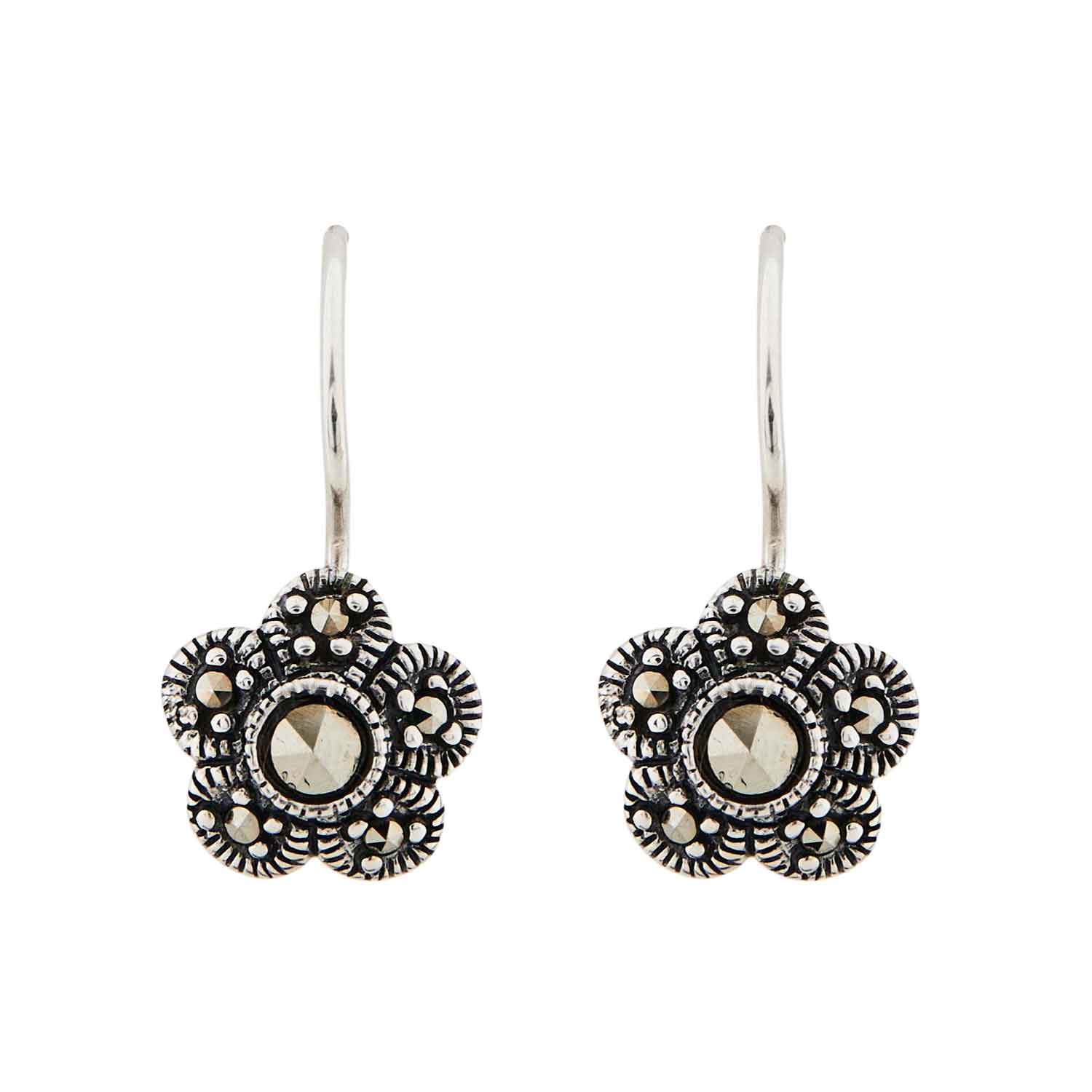 Sterling Silver Flower Drop Earring with Marcasite – Wellington