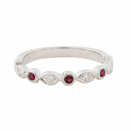 Art Deco Style Ring: 9ct White Gold, Diamond and Rubies