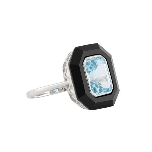 Art Deco Style Ring: 9ct White Gold, Blue Topaz And Onyx
