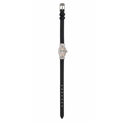 Art Deco Style Antique Cream Dial Watch: Sterling Silver and Cubic Zirconia on a Leather Black Ribbon Strap