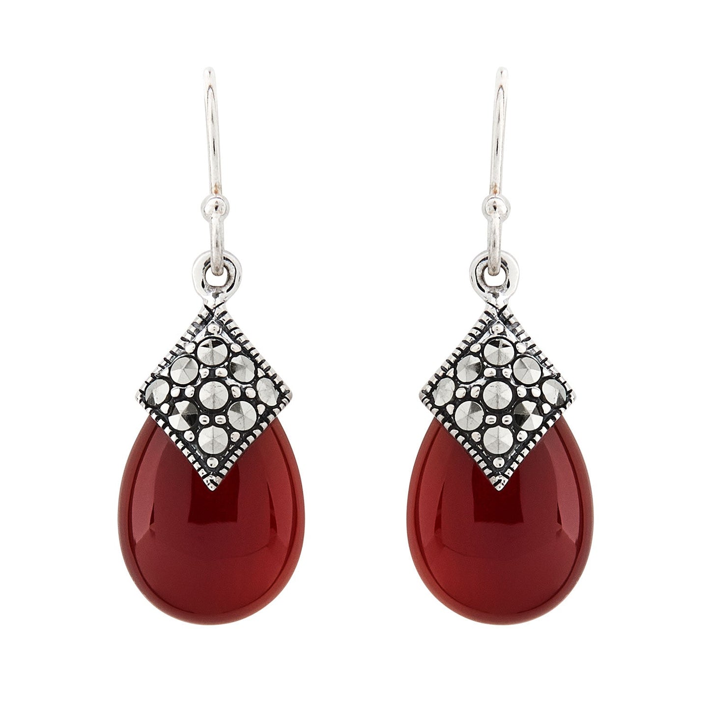 Art Deco Style Drop Earrings: Red Carnelian, Marcasite and Sterling Silver