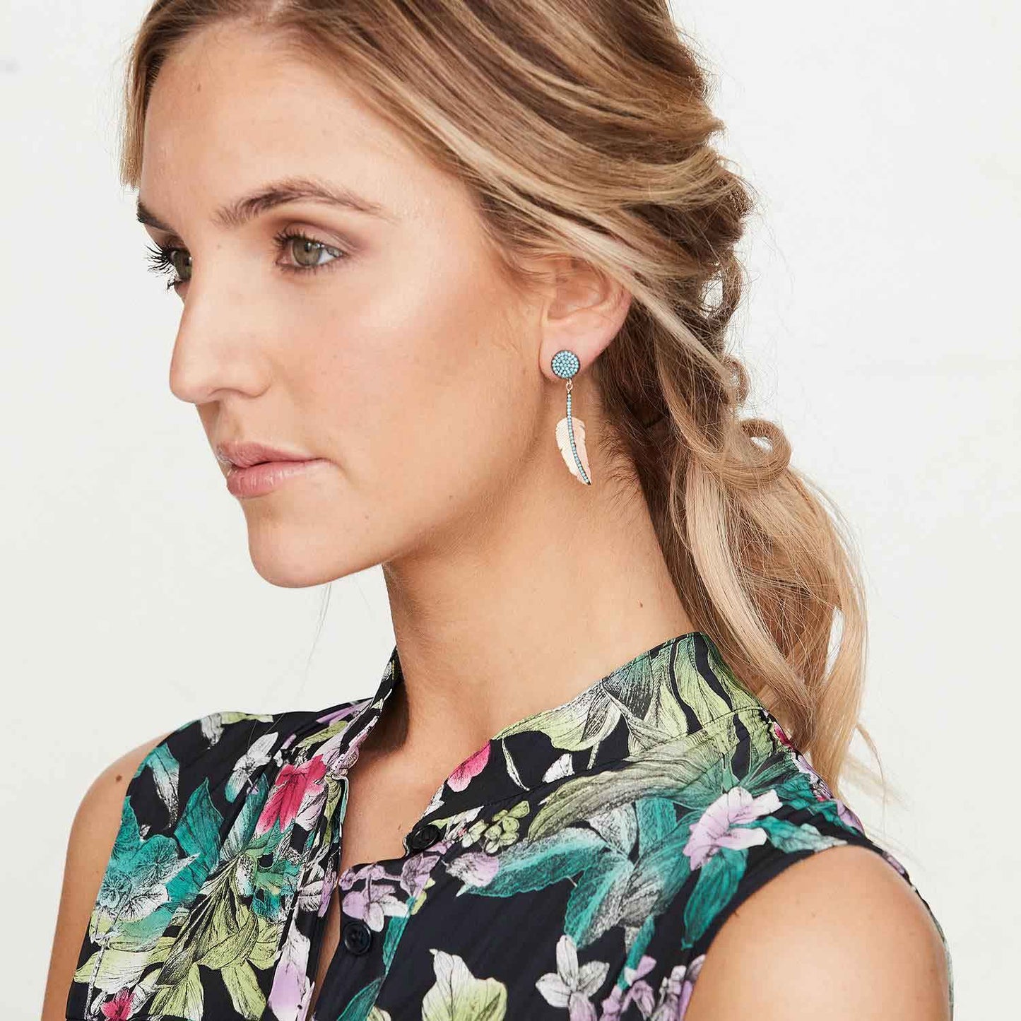 Delphine: Feather Drop Earrings in Turquoise  and Rose Gold Plate Sterling Silver