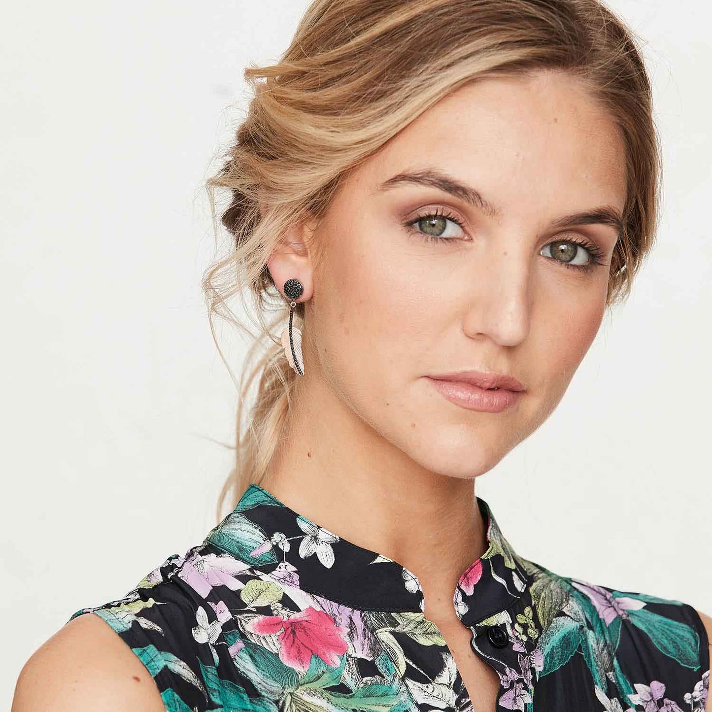 Delphine: Feather Drop Earrings in Black Cubic Zirconia and Rose Gold Plate Sterling Silver