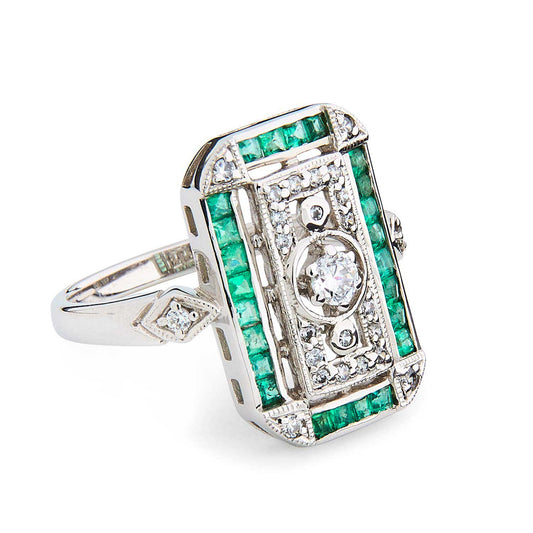 Art Deco Style Ring: Natural Emerald, Cubic Zirconia and Sterling Silver