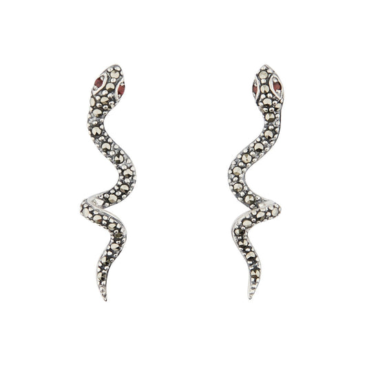 Wellington_&_North_Art_Deco_Jewellery_Suzi_925_Sterling_Silver_Marcasite_Garnet_Snake_Drop_Earrings