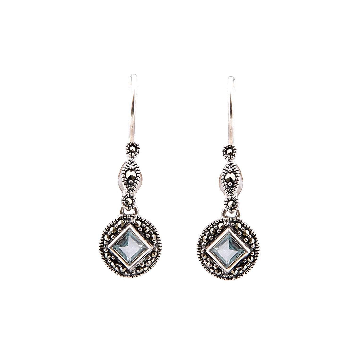 Art Deco Drop Earrings in Blue Topaz, Marcasite and Sterling