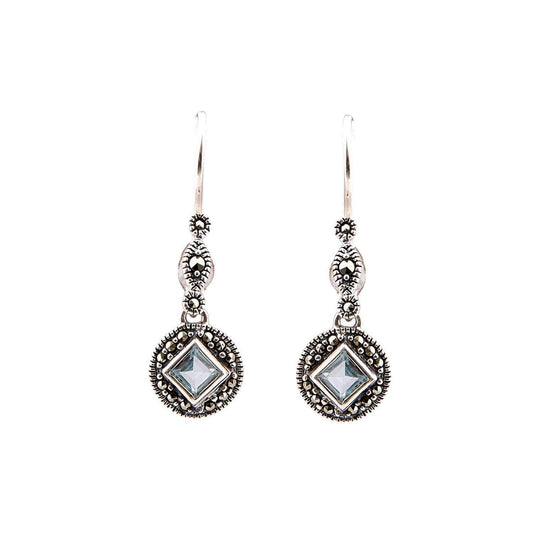 Miranda: Art Deco Drop Earrings in Blue Topaz, Marcasite and Sterling Silver