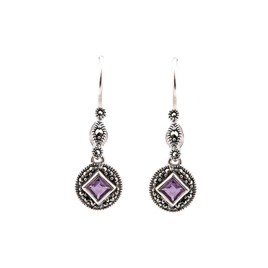 Miranda: Art Deco Drop Earrings in Amethyst, Marcasite and Sterling Silver