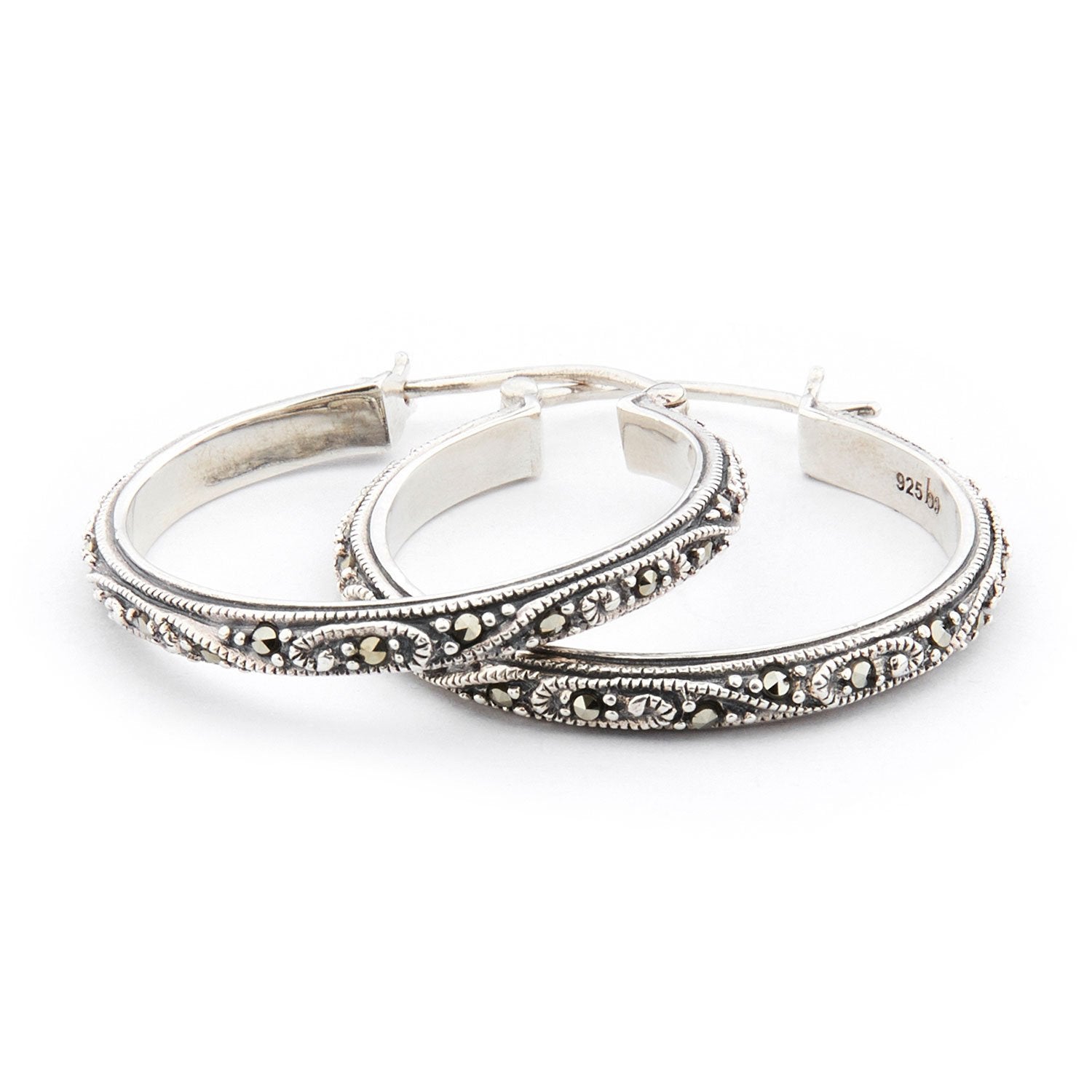Art Deco Sterling Silver Hoop Earrings with Marcasite Wellington and North