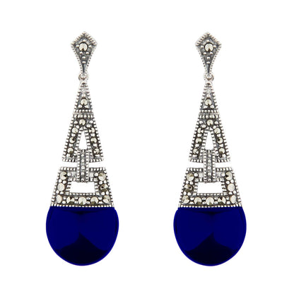 Art Deco Style Drop Earrings: Synthetic Lapis Lazuli, Marcasite and Sterling Silver