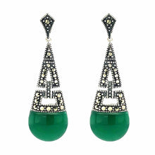 Load image into Gallery viewer, Art Deco Style Drop Earrings: Green Agate, Marcasite and Sterling Silver