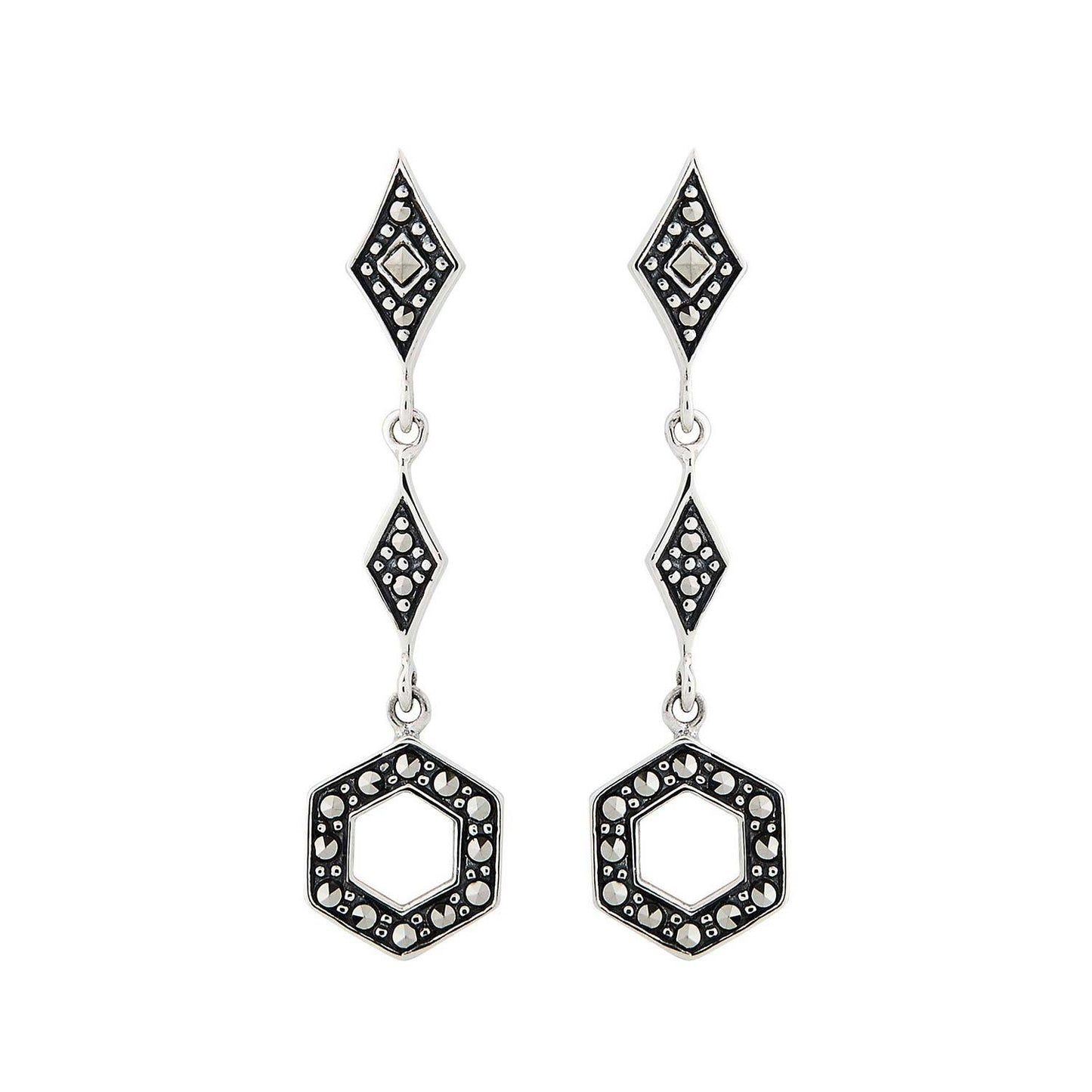 Art Deco Style Geometric Drop Earrings: Marcasite and Sterling Silver