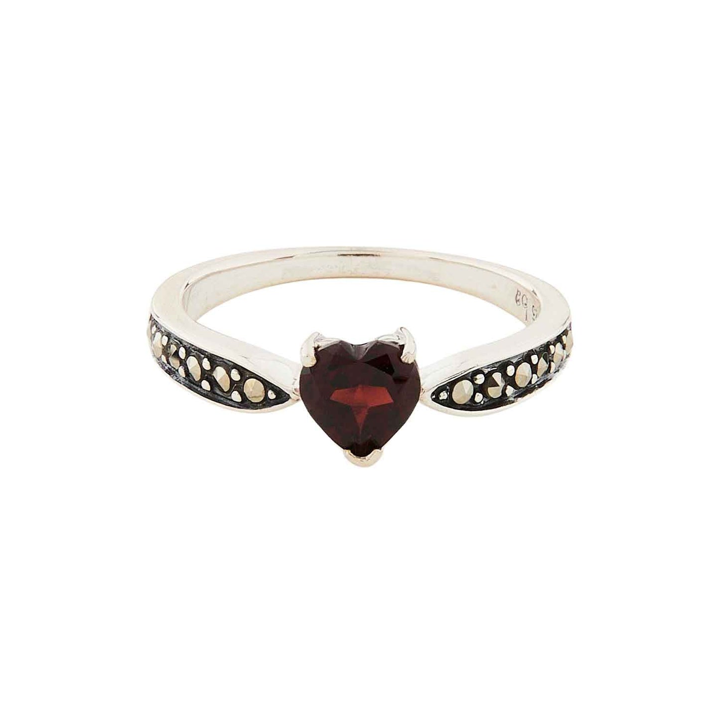 Art Deco Style Heart Ring: Sterling Silver, Marcasite, Red Garnet