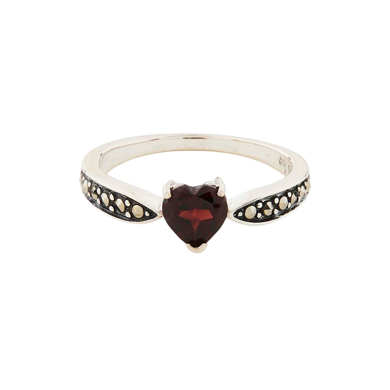 Art Deco Style Heart Ring: Sterling Silver, Marcasite, Red Garnet