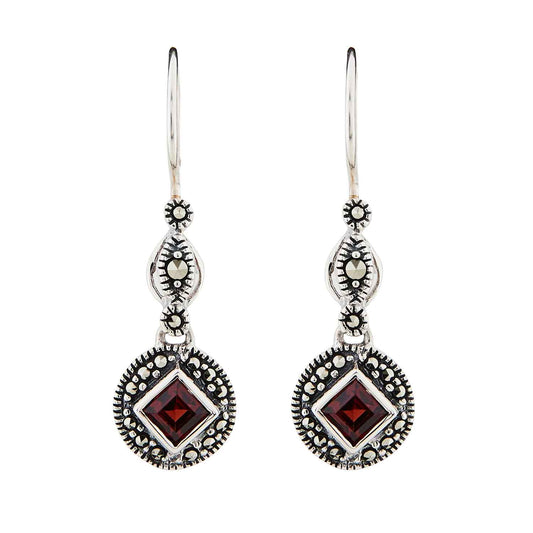 Miranda: Art Deco Drop Earrings in Red Garnet, Marcasite and Sterling Silver
