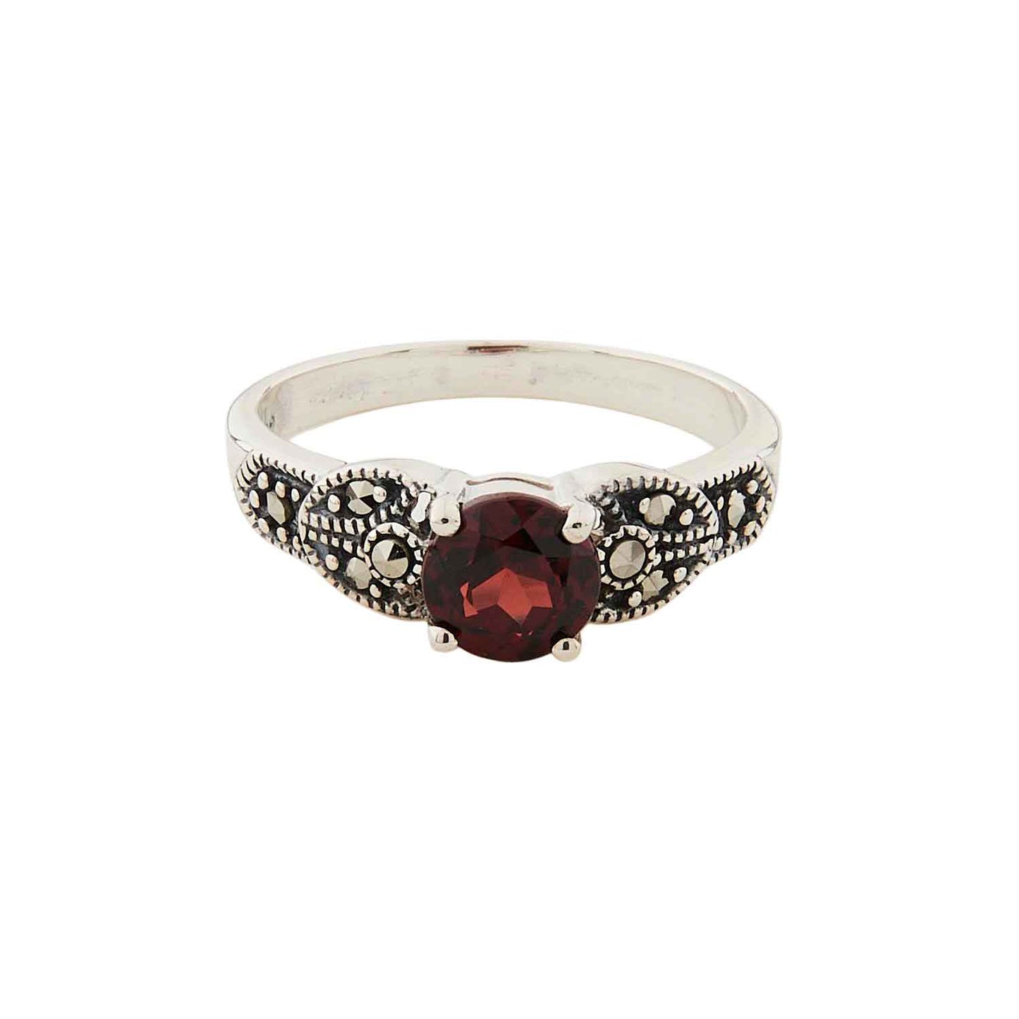 Art Deco Style Ring: Sterling Silver, Marcasite, Red Garnet